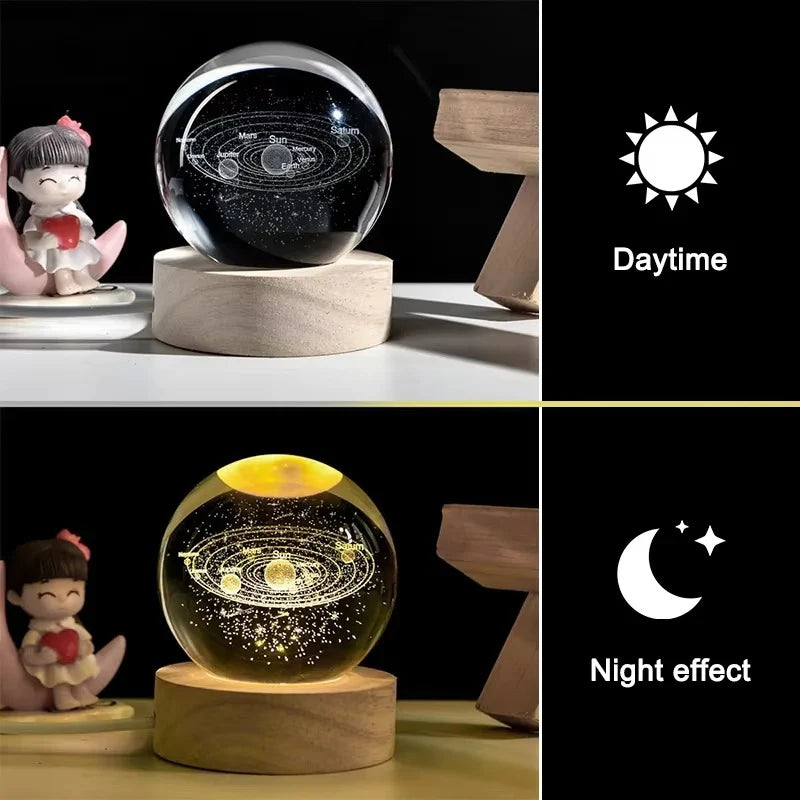 3D Crystal Ball Lamp with Wooden Base