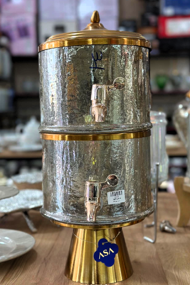 Handmade Turkish Double-Tier Chipped Glass Beverage Dispenser with Solid Brass Base & Lid | 10L Luxury Drink Server