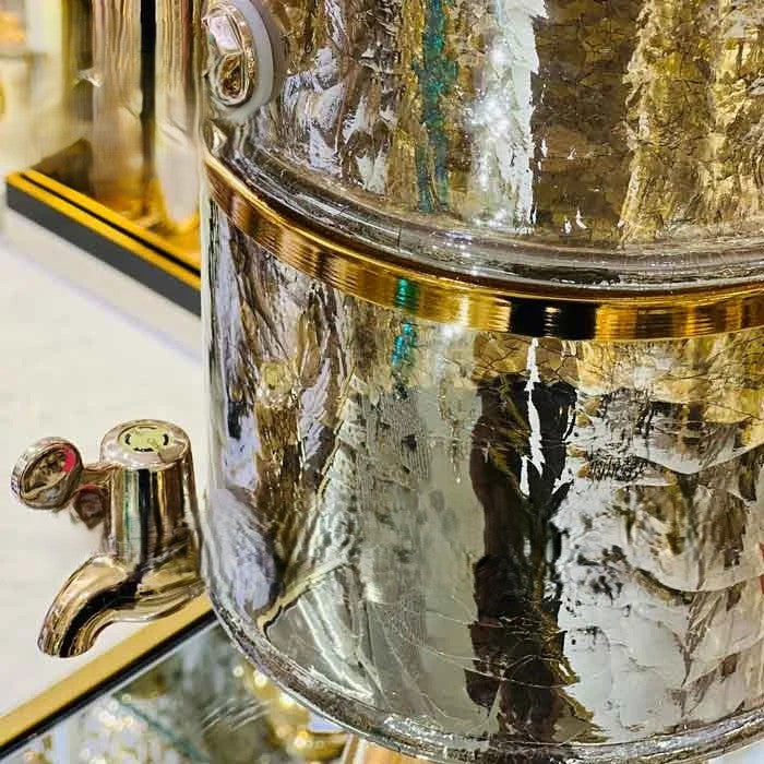 Handmade Turkish Double-Tier Chipped Glass Beverage Dispenser with Solid Brass Base & Lid | 10L Luxury Drink Server