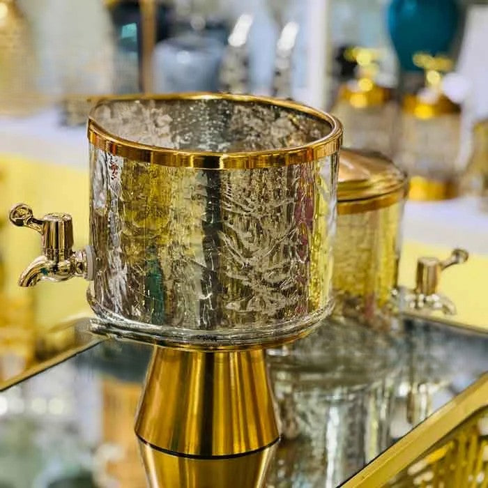 Handmade Turkish Double-Tier Chipped Glass Beverage Dispenser with Solid Brass Base & Lid | 10L Luxury Drink Server