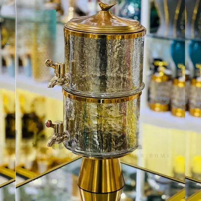 Handmade Turkish Double-Tier Chipped Glass Beverage Dispenser with Solid Brass Base & Lid | 10L Luxury Drink Server