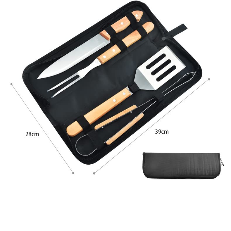 5-Piece Stainless Steel BBQ Tool Set with Wooden Handles