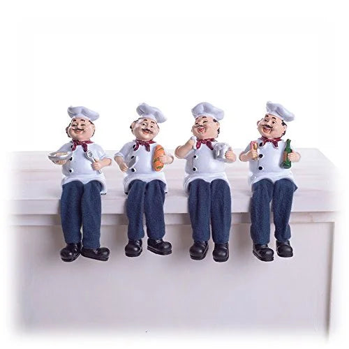 Pack of 4 French Fat Chef Dangly Legs Resin Figurines | Hand-Painted Kitchen Shelf Sitter Decor Set