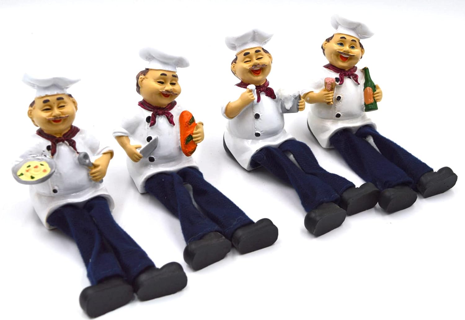 Pack of 4 French Fat Chef Dangly Legs Resin Figurines | Hand-Painted Kitchen Shelf Sitter Decor Set