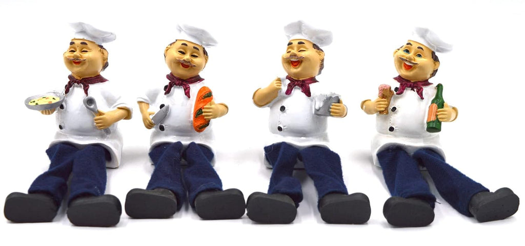 Pack of 4 French Fat Chef Dangly Legs Resin Figurines | Hand-Painted Kitchen Shelf Sitter Decor Set