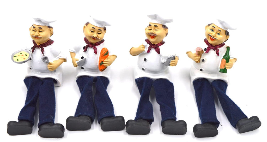 Pack of 4 French Fat Chef Dangly Legs Resin Figurines | Hand-Painted Kitchen Shelf Sitter Decor Set
