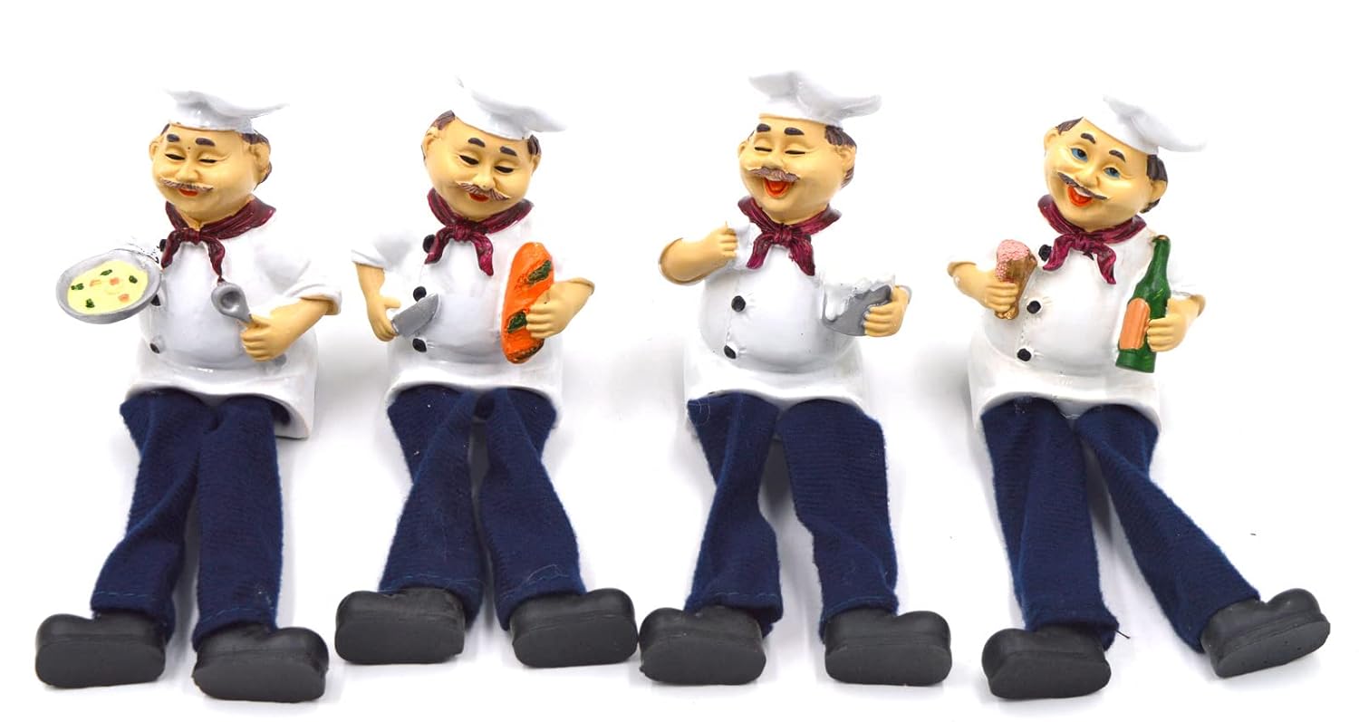 Pack of 4 French Fat Chef Dangly Legs Resin Figurines | Hand-Painted Kitchen Shelf Sitter Decor Set