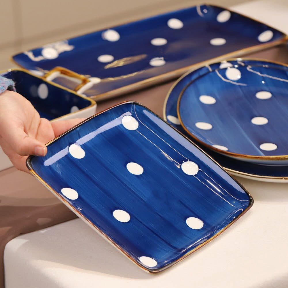 Danny Home Square Ceramic Dinner Plate – Blue & White Polka Dot