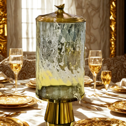 Handmade Turkish Glass Beverage Dispenser with Solid Brass Base & Lid – Luxury Series (Glass Cylindrical)