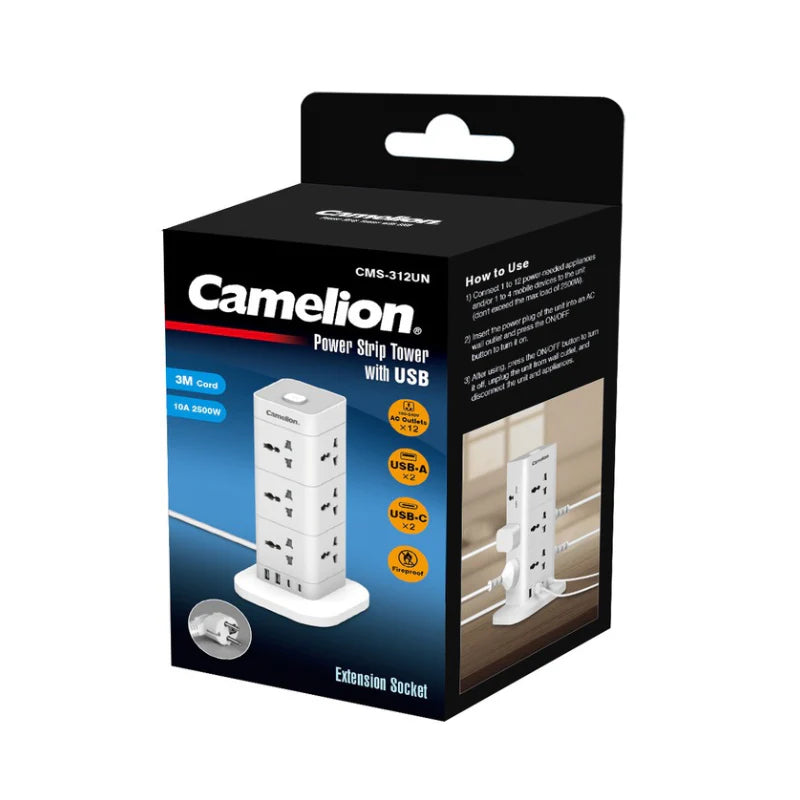 Camelion PowerHub Extension Tower CMS-312 – 12 Outlet with USB & Type-C Charging