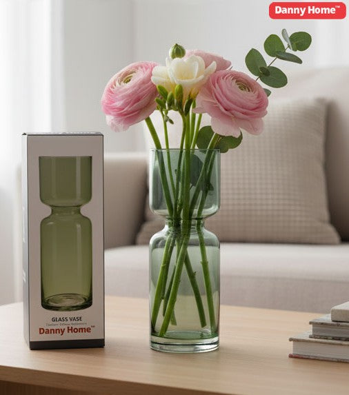 Green Glass Plant Vase | Slim Decorative Flower Vase