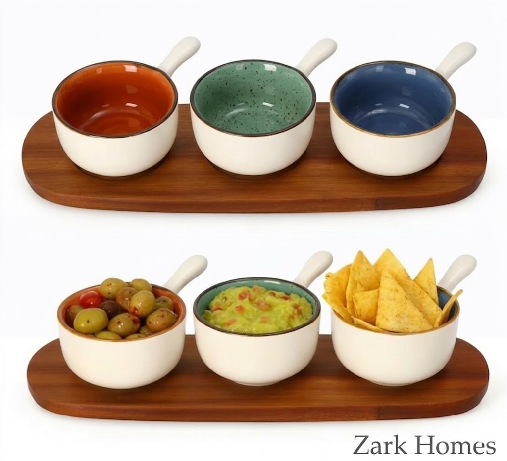 Acacia Wood Serving Board with Sauce Bowls - Wooden Platter
