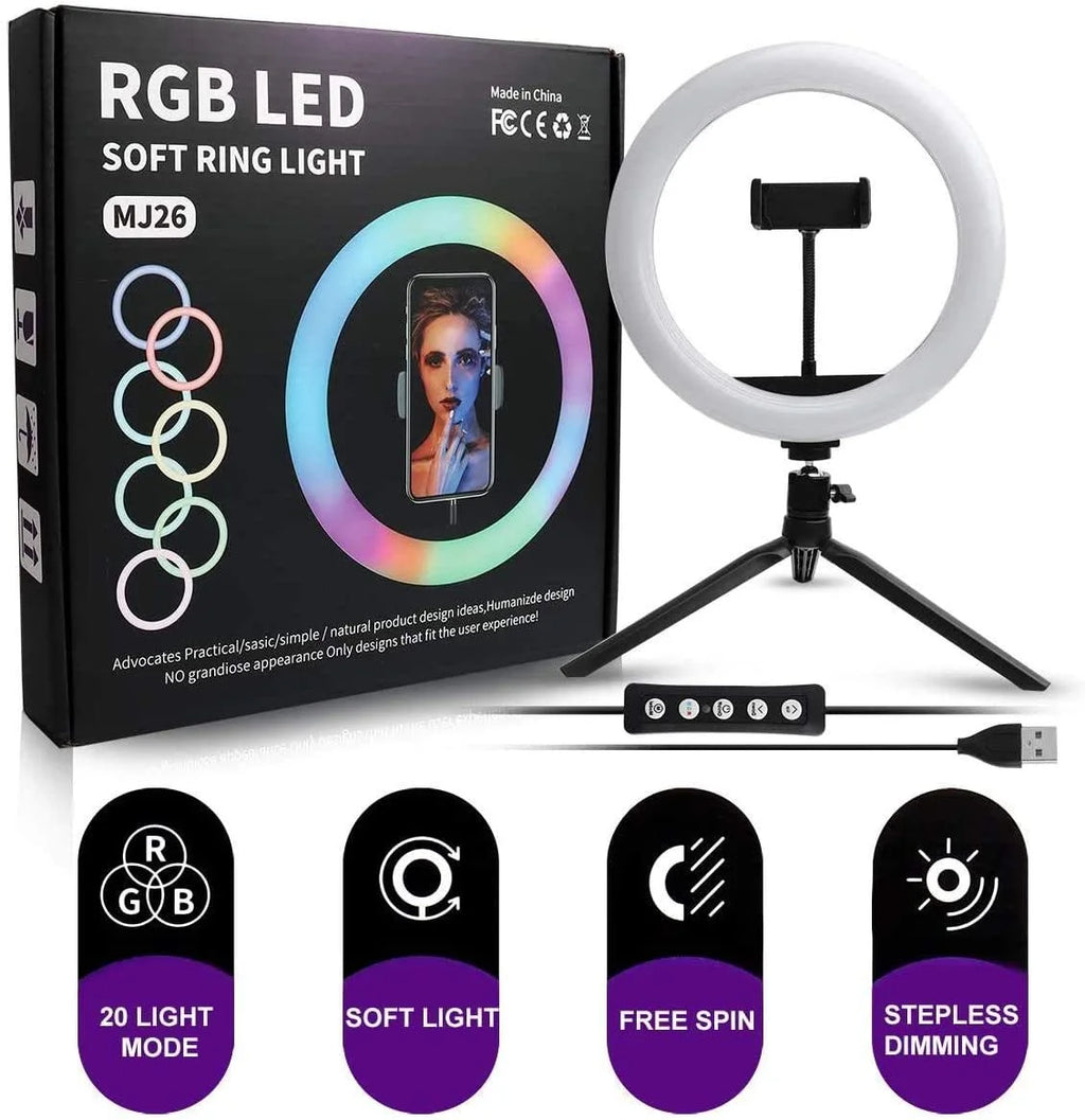 MJ26 RGB LED Ring Light 26cm with Tripod, Phone Holder & 360Â° Color Modes