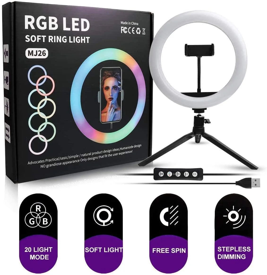 MJ26 RGB LED Ring Light 26cm with Tripod, Phone Holder & 360Â° Color Modes
