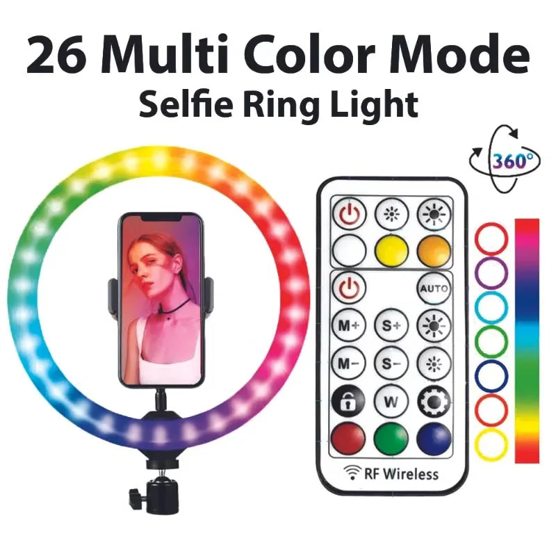 MJ26 RGB LED Ring Light 26cm with Tripod, Phone Holder & 360Â° Color Modes