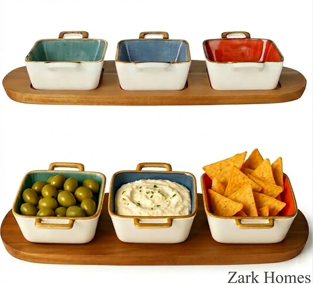 Acacia Wood Platter with 3-Piece Ceramic Bowls Set - Square