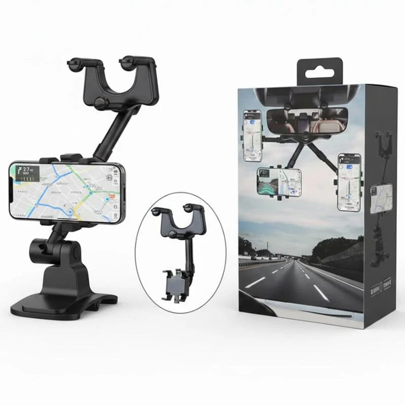 360Â° Rotatable & Retractable Rearview Mirror Phone Holder | Safe & Convenient Driving Mount