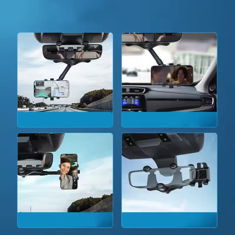 360Â° Rotatable & Retractable Rearview Mirror Phone Holder | Safe & Convenient Driving Mount