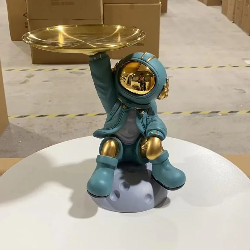 Luxury Astronaut Serving Tray Holder with Golden Tray | Resin Spaceman Home & Office Decor (Silver Grey)