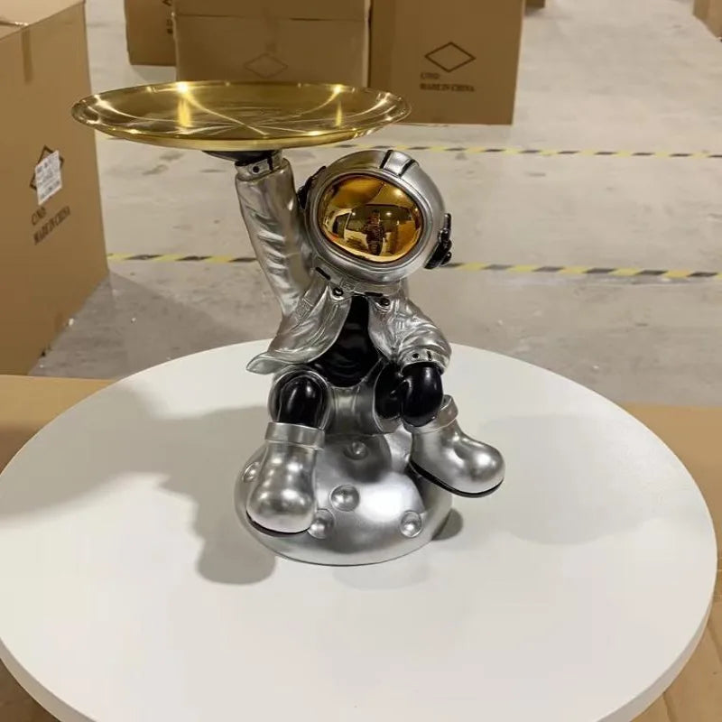 Luxury Astronaut Serving Tray Holder with Golden Tray | Resin Spaceman Home & Office Decor (Silver Grey)