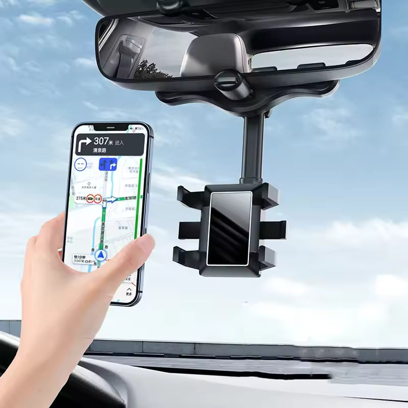 360Â° Rotatable & Retractable Rearview Mirror Phone Holder | Safe & Convenient Driving Mount