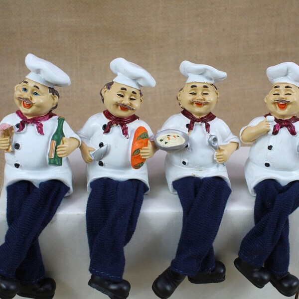 Pack of 4 French Fat Chef Dangly Legs Resin Figurines | Hand-Painted Kitchen Shelf Sitter Decor Set