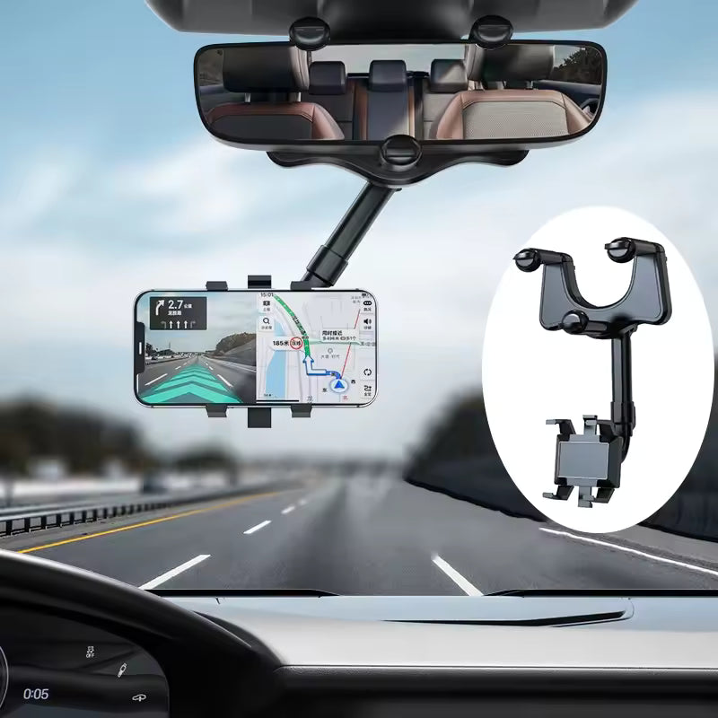 360Â° Rotatable & Retractable Rearview Mirror Phone Holder | Safe & Convenient Driving Mount