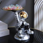 Luxury Astronaut Serving Tray Holder with Golden Tray | Resin Spaceman Home & Office Decor (Silver Grey)