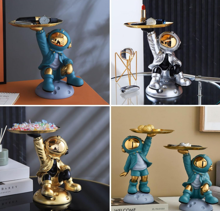 Luxury Astronaut Serving Tray Holder with Golden Tray | Resin Spaceman Home & Office Decor