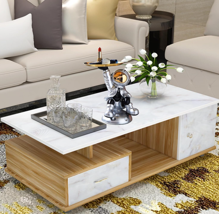 Luxury Astronaut Serving Tray Holder with Golden Tray | Resin Spaceman Home & Office Decor
