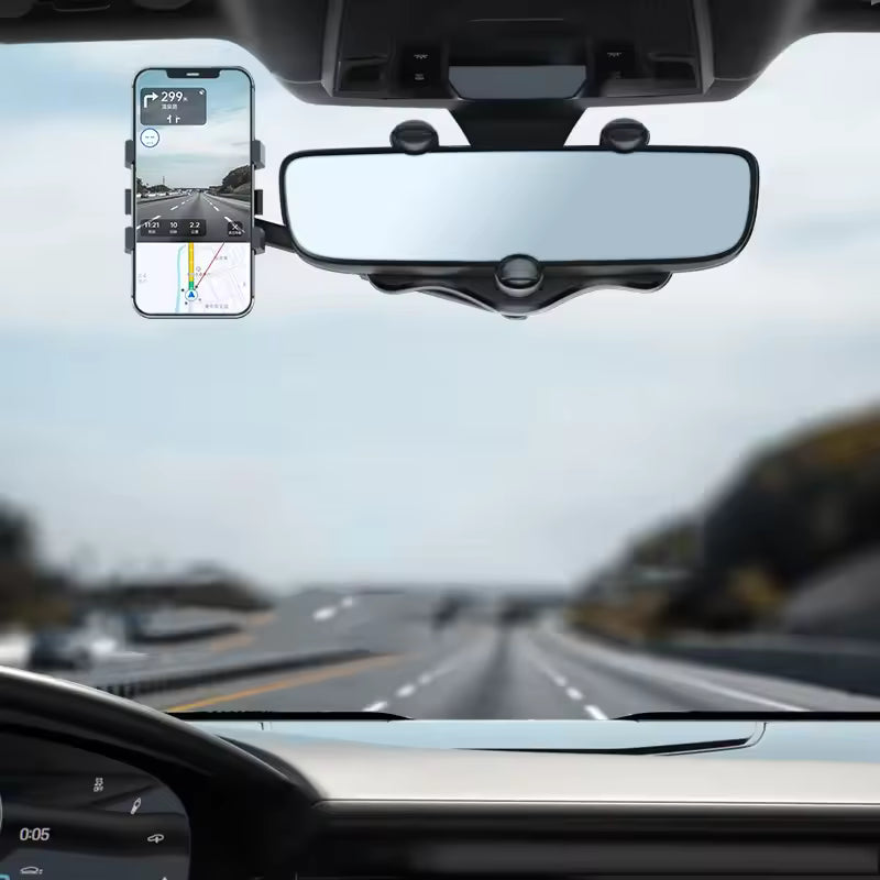 360Â° Rotatable & Retractable Rearview Mirror Phone Holder | Safe & Convenient Driving Mount