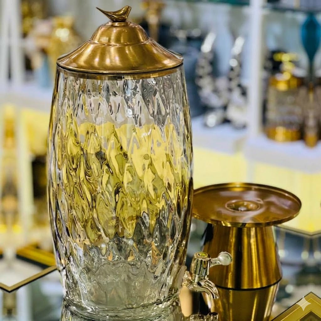 Handmade Turkish Glass Beverage Dispenser with Solid Brass Base & Lid – Luxury Series
