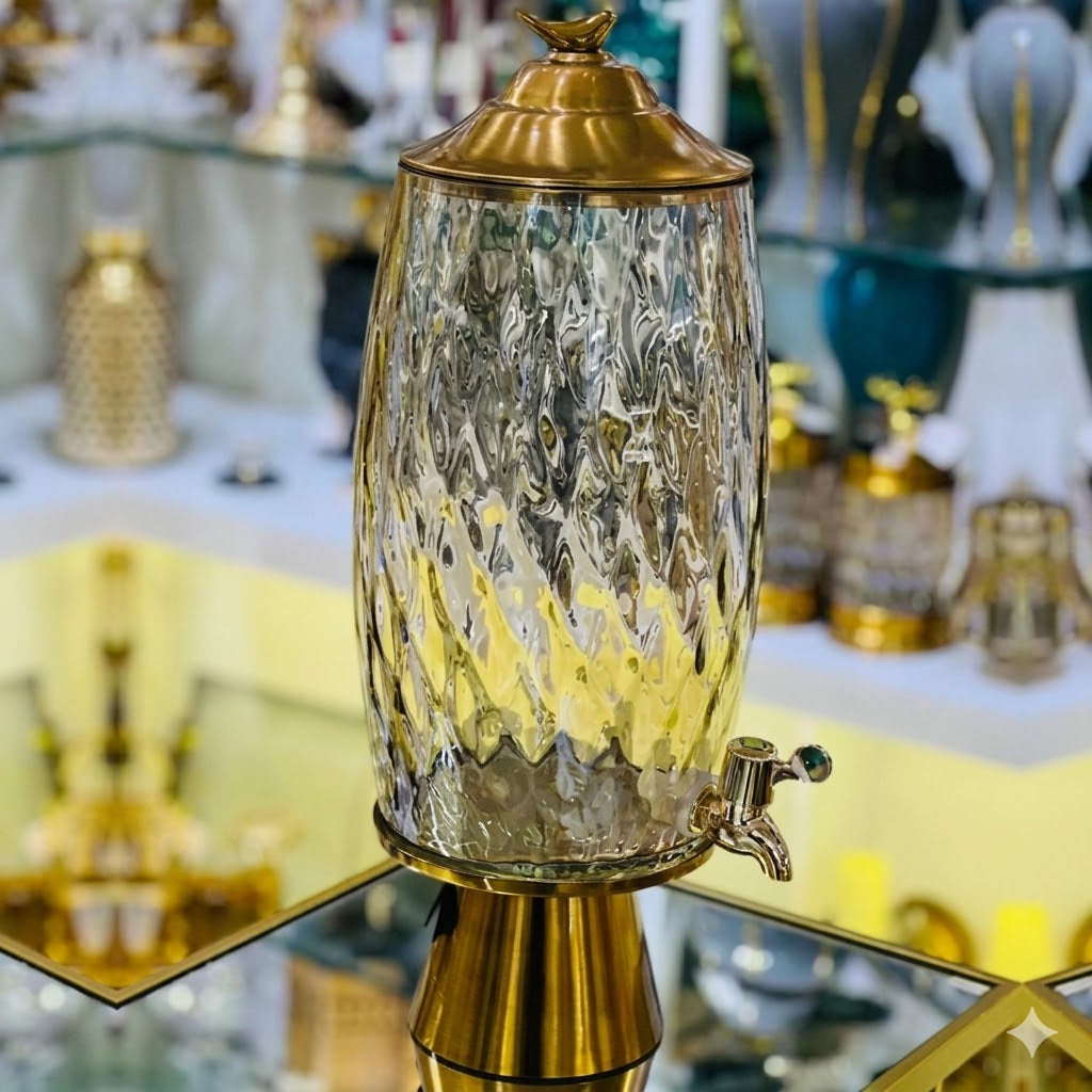 Handmade Turkish Glass Beverage Dispenser with Solid Brass Base & Lid – Luxury Series