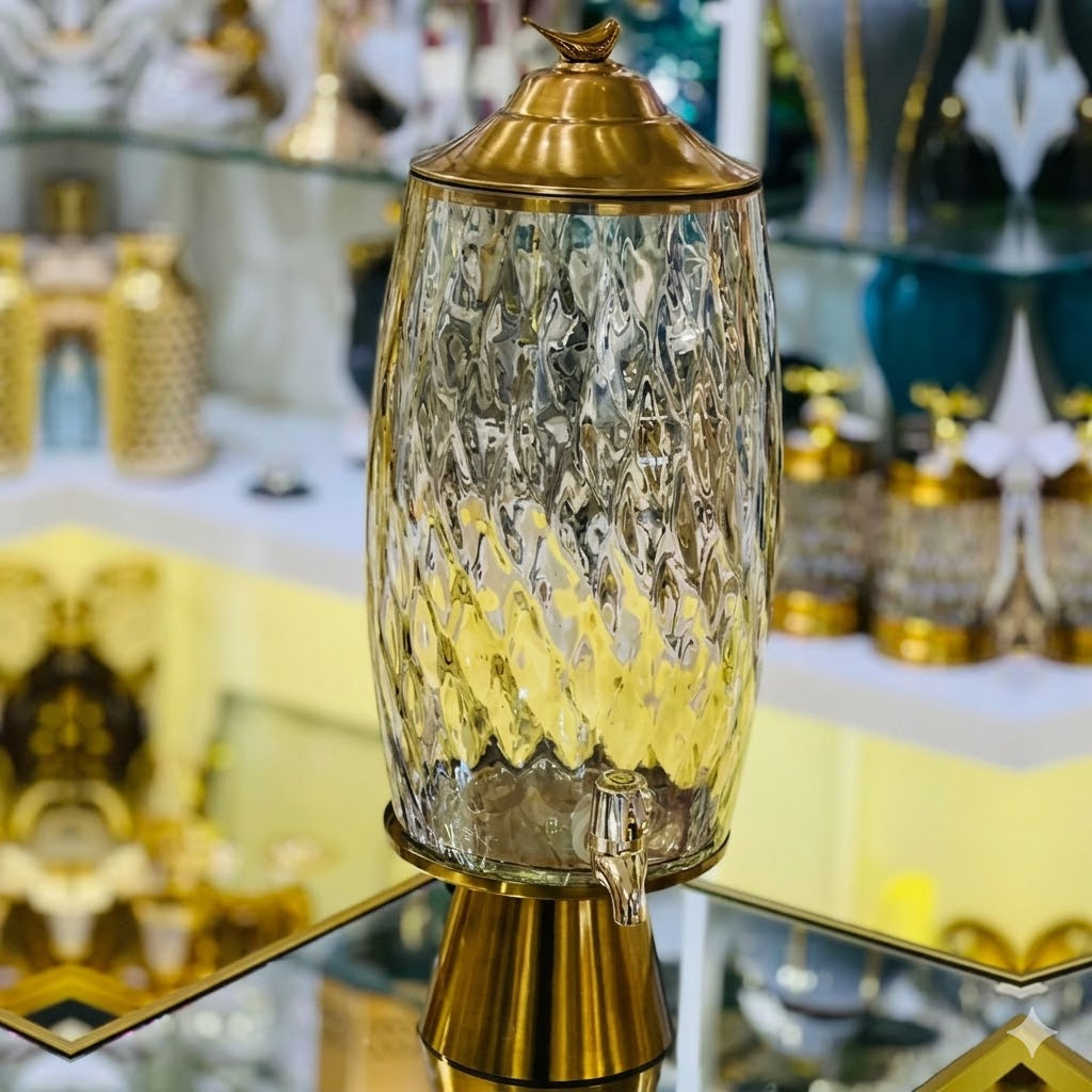 Handmade Turkish Glass Beverage Dispenser with Solid Brass Base & Lid – Luxury Series