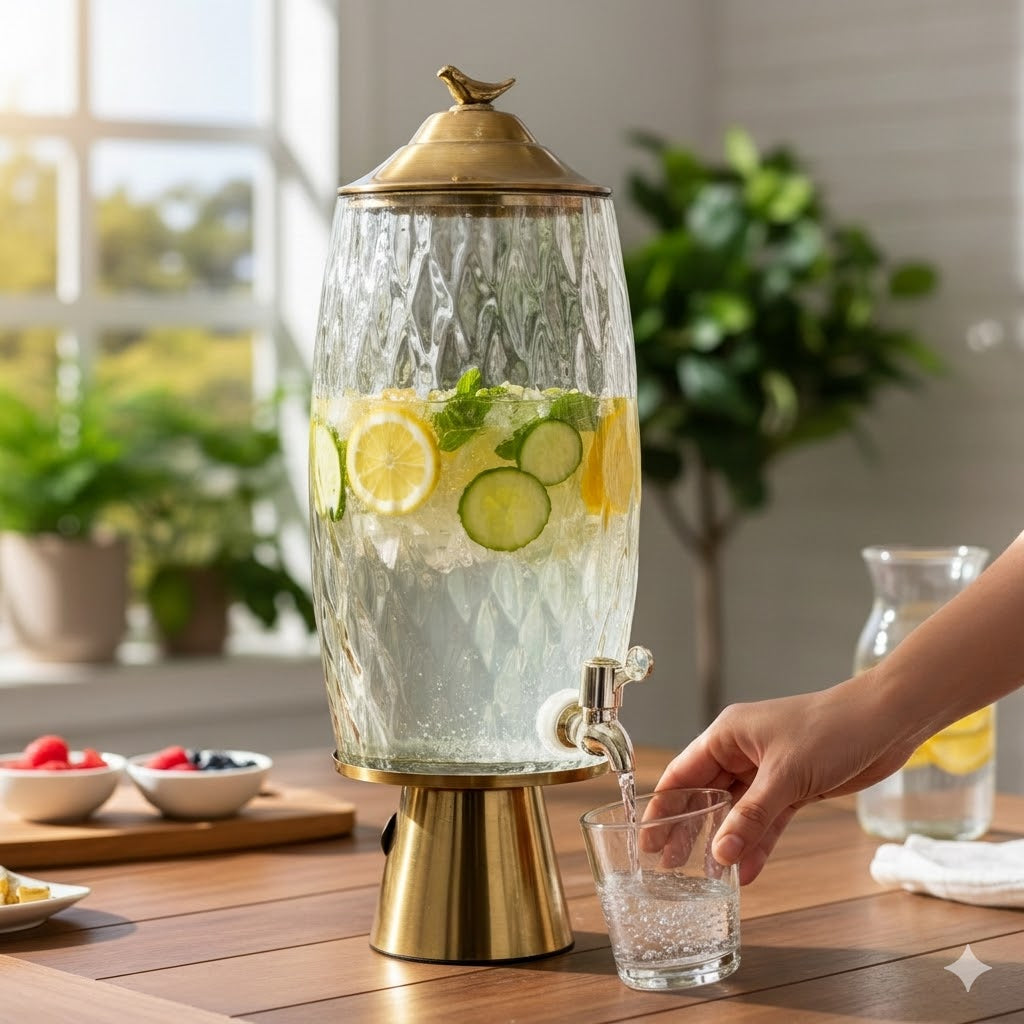 Handmade Turkish Glass Beverage Dispenser with Solid Brass Base & Lid – Luxury Series
