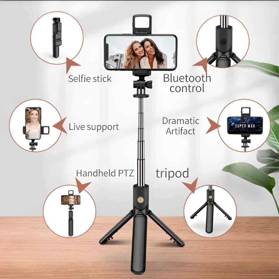 R1s Bluetooth Selfie Stick Tripod with Remote | 360Â° Foldable Phone & Action Camera Stand with LED Light