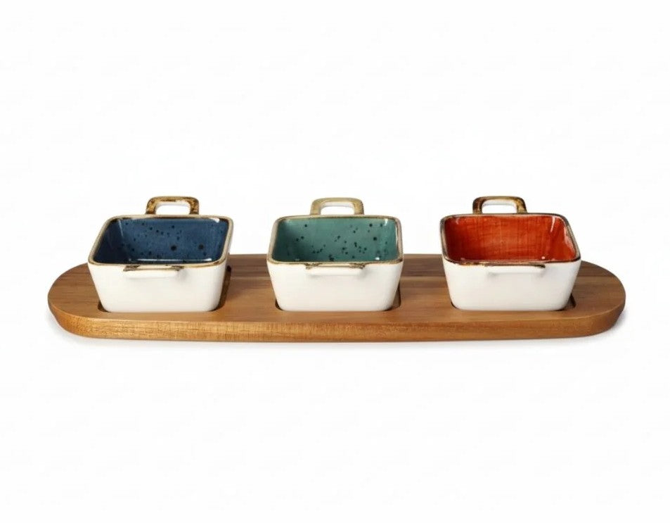 Acacia Wood Platter with 3-Piece Ceramic Bowls Set - Square