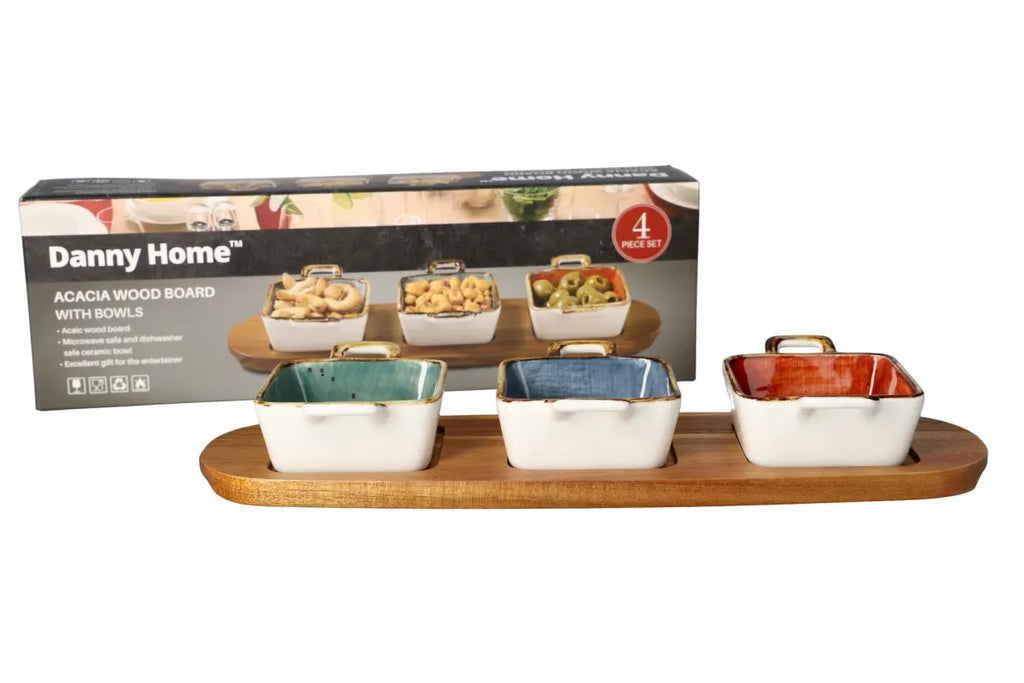 Acacia Wood Platter with 3-Piece Ceramic Bowls Set - Square