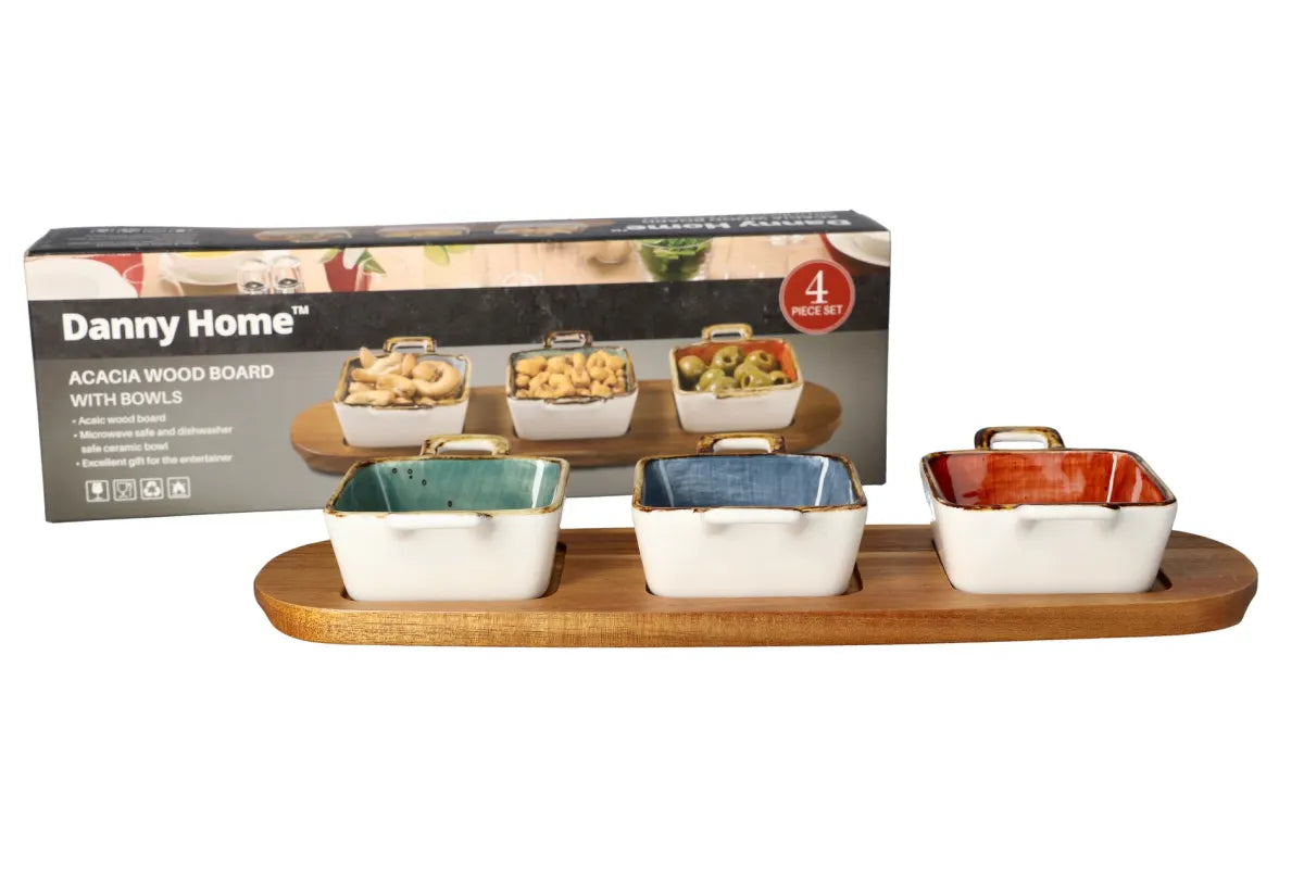 Acacia Wood Platter with 3-Piece Ceramic Bowls Set - Square