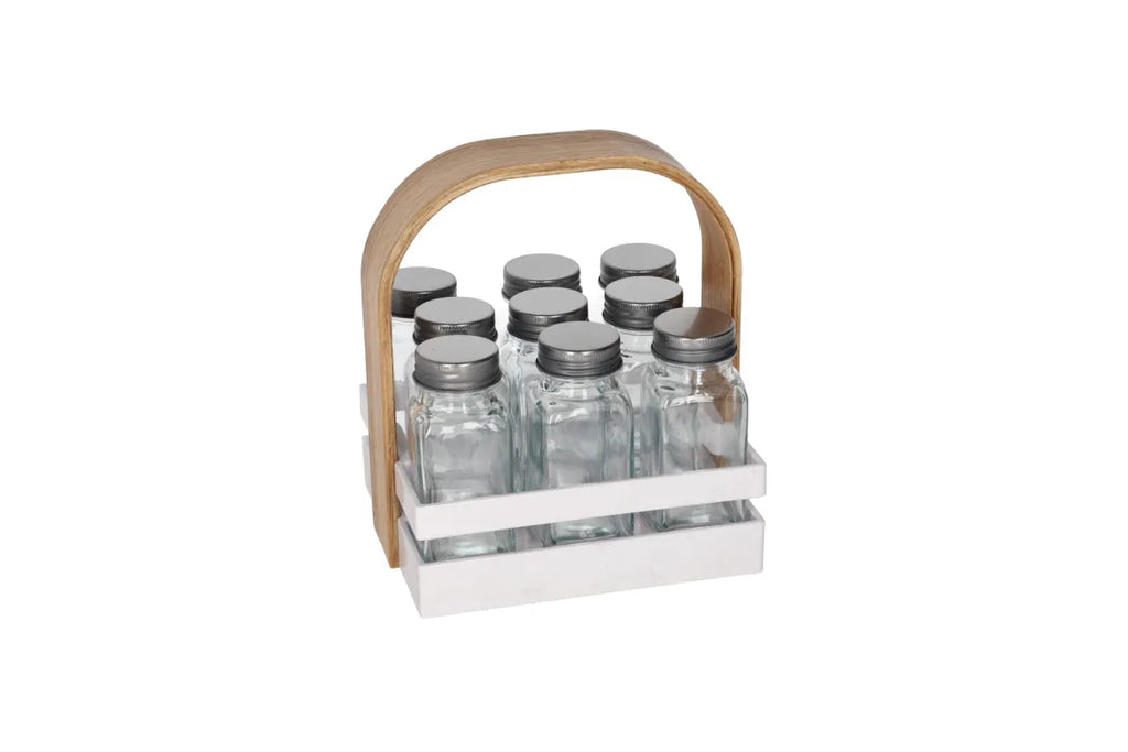 Danny Home 9-Piece Spice Jar Set with Rack Holder & Wooden Handle – Kitchen Organizer