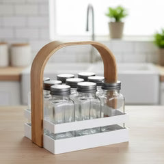 Danny Home 9-Piece Spice Jar Set with Rack Holder & Wooden Handle – Kitchen Organizer