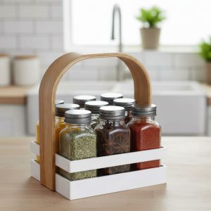 Danny Home 9-Piece Spice Jar Set with Rack Holder & Wooden Handle – Kitchen Organizer