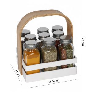 Danny Home 9-Piece Spice Jar Set with Rack Holder & Wooden Handle – Kitchen Organizer