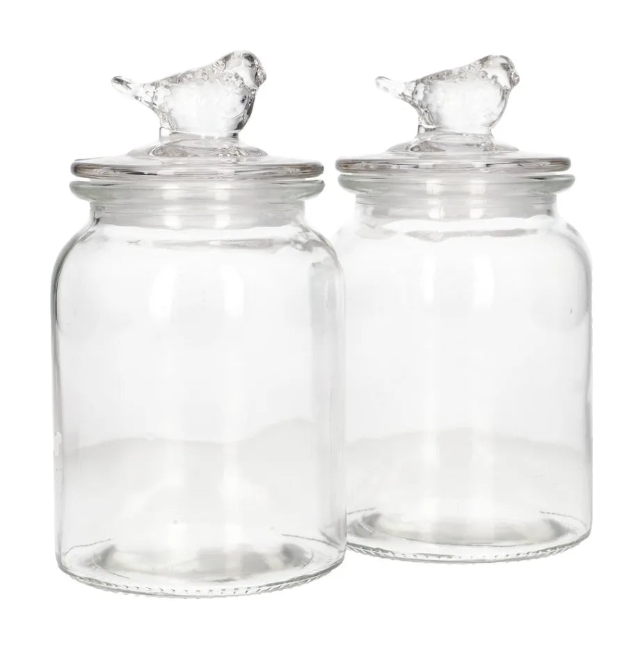 Storage Glass Jars 2-Pcs Set with Bird Design Lid – 980ml Clear Kitchen Storage Containers
