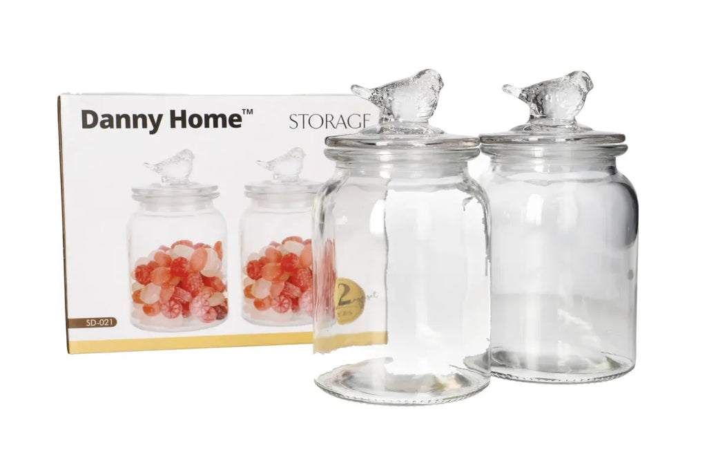 Storage Glass Jars 2-Pcs Set with Bird Design Lid – 980ml Clear Kitchen Storage Containers