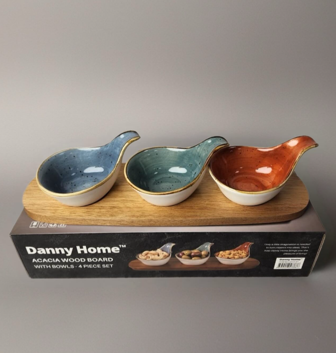 Ceramic Condiment Bowls with Acacia Wood Tray (Set of 3) - Serving Set