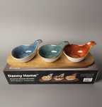 Ceramic Condiment Bowls with Acacia Wood Tray (Set of 3) - Serving Set