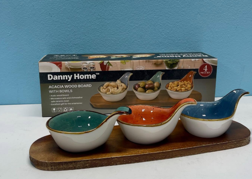 Ceramic Condiment Bowls with Acacia Wood Tray (Set of 3) - Serving Set