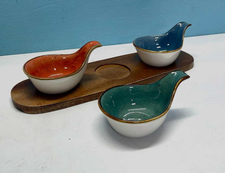 Ceramic Condiment Bowls with Acacia Wood Tray (Set of 3) - Serving Set
