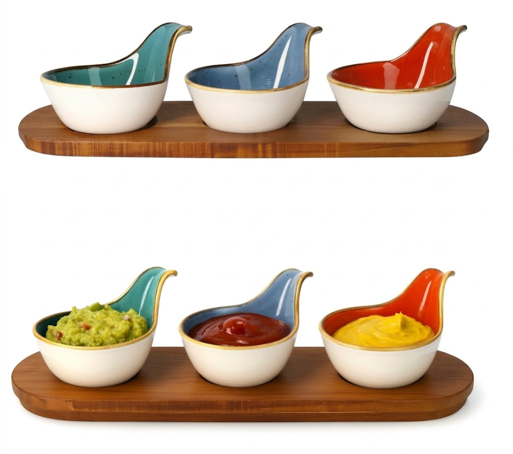 Ceramic Condiment Bowls with Acacia Wood Tray (Set of 3) - Serving Set